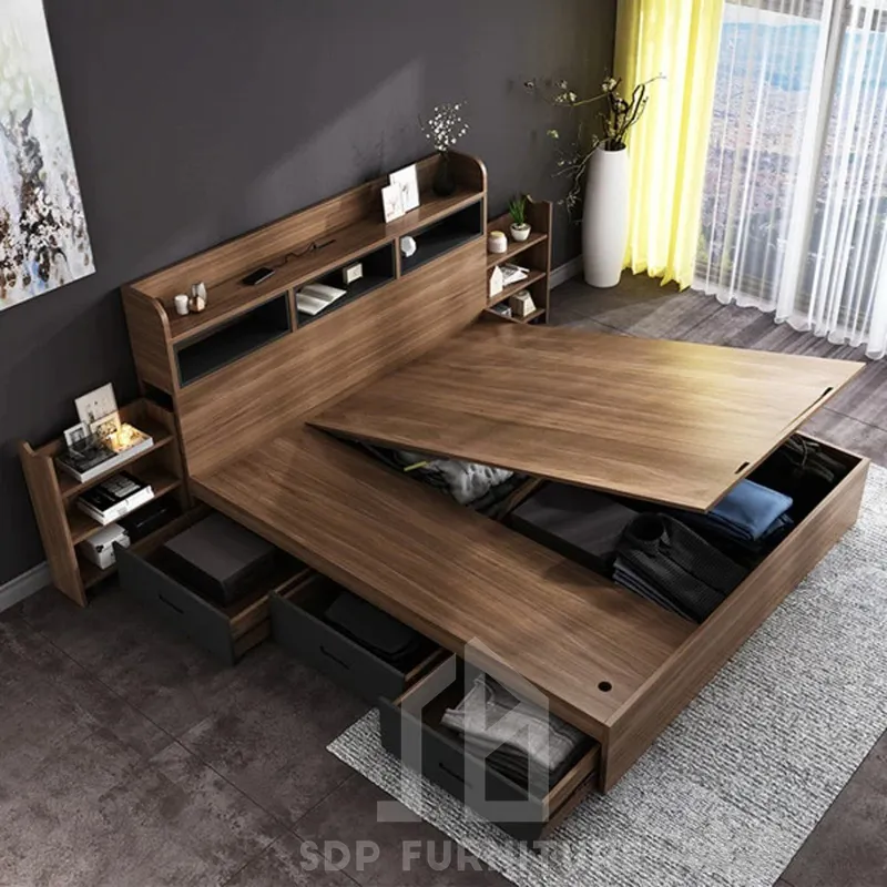 Giường Ngủ Thông Minh Gỗ MDF Màu Nâu Vân Gỗ 3
