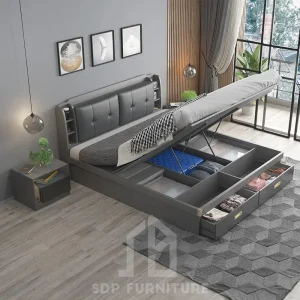Giường Ngủ Thông Minh Gỗ MDF Màu Xám Nâng Hạ Nệm 1