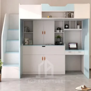 Giường tầng chữ L bàn học phối hồng 2