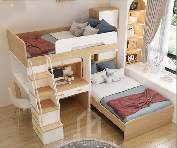 Giường tầng chữ L bàn học và tủ áo 1