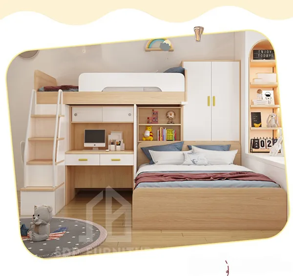 Giường tầng chữ L bàn học và tủ áo 2 Giường tầng chữ L bàn học và tủ áo 2