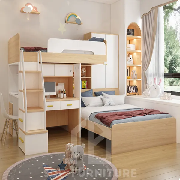 Giường tầng chữ L bàn học và tủ áo 4