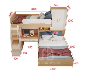 Giường tầng chữ L bàn học và tủ áo 1