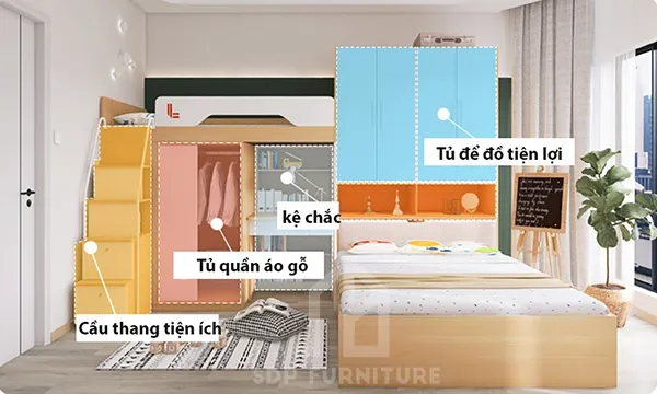 Giường tầng góc chữ L tủ áo cao 4