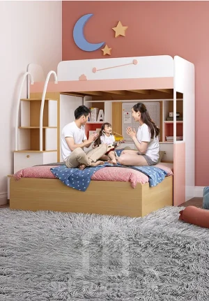 Giường tầng kệ sách phối hồng đào 1