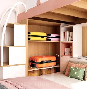 Giường tầng kệ sách phối hồng đào 3