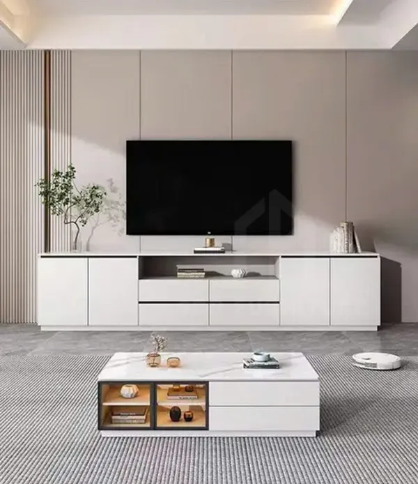 Mẫu kệ tivi kết hợp tủ giày có màu trắng chủ đạo Kệ tivi kiêm tủ giày 3