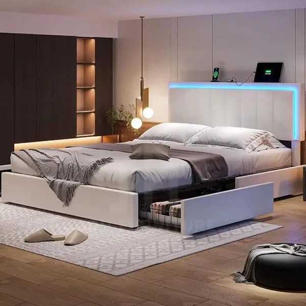 Giường 2m kết hợp ngăn kéo có đầu giường trang trí đèn LED hiện đại mẫu giường gỗ 2mx2m2 đẹp 8