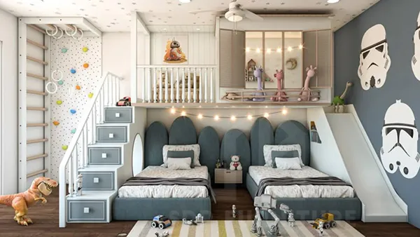 Giường ngủ hình ngôi nhà cho bé dạng tầng được trang trí thêm đèn LED lung linh vào ban đêm giường ngủ hình ngôi nhà cho bé 16