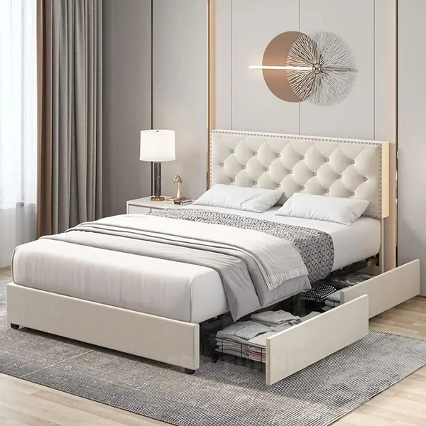 Giường queen size bọc nệm màu trắng mang lại sự thanh lịch cho phòng ngủ giường queen size 2