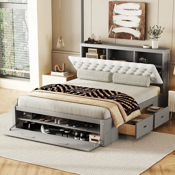 Giường queen kết hợp ngăn kéo và hộc tủ đầu giường đa năng giường queen size 14