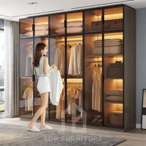Tủ quần áo gỗ công nghiệp cánh kính kết hợp hệ đèn LED trang trí 2