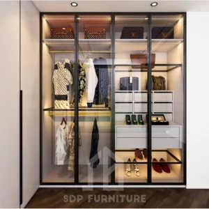 Tủ quần áo gỗ công nghiệp cánh kính viền đen kịch trần 1