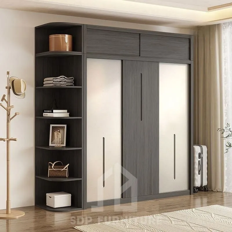 Tủ quần áo gỗ công nghiệp cánh lùa kịch trần có kệ góc trang trí